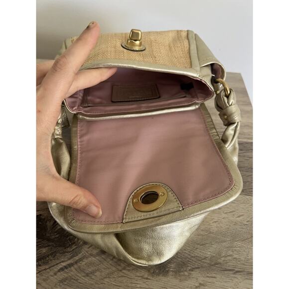 Coach Parker Straw Top Handle Handbag GOLD leather trim #42475 - Picture 5 of 12